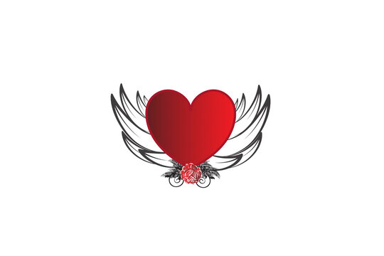 Love heart with wings and rose flower vintage decoration swirly leaves icon logo vector image design template