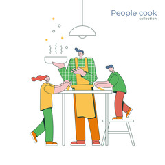 People cooking in kitchen. Young man with children together at home, vector illustration. People cook collection in geometric linear style