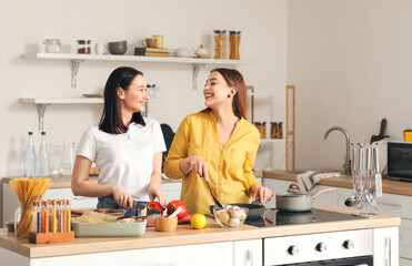 Young lesbian couple cooking dinner in kitchen