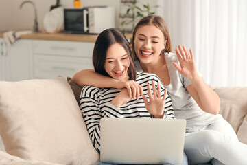 Young lesbian couple video chatting with friends at home