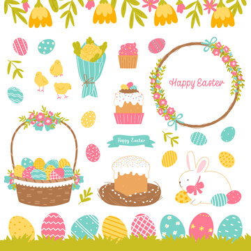 Set of elements for the Easter holiday. Basket, Easter cake, wreath, bouquet, egg, chickens, rabbit. Items isolated on a white background. Vector illustration in the style of hand drawn flat.