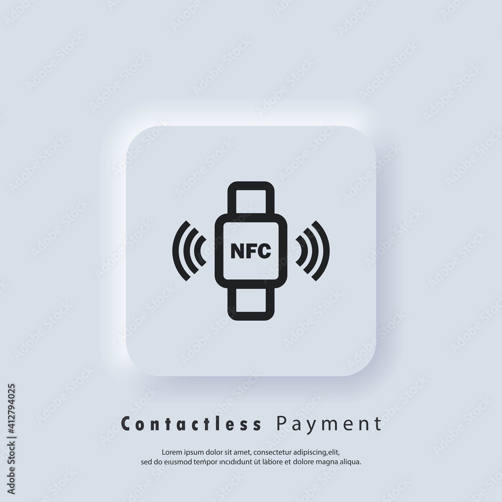 Poster nfc bracelet connected to smartphone linear icon. nfc phone synchronized with smartwatch. rfid wrist