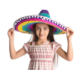 Funny Mexican girl in sombrero hat on white background