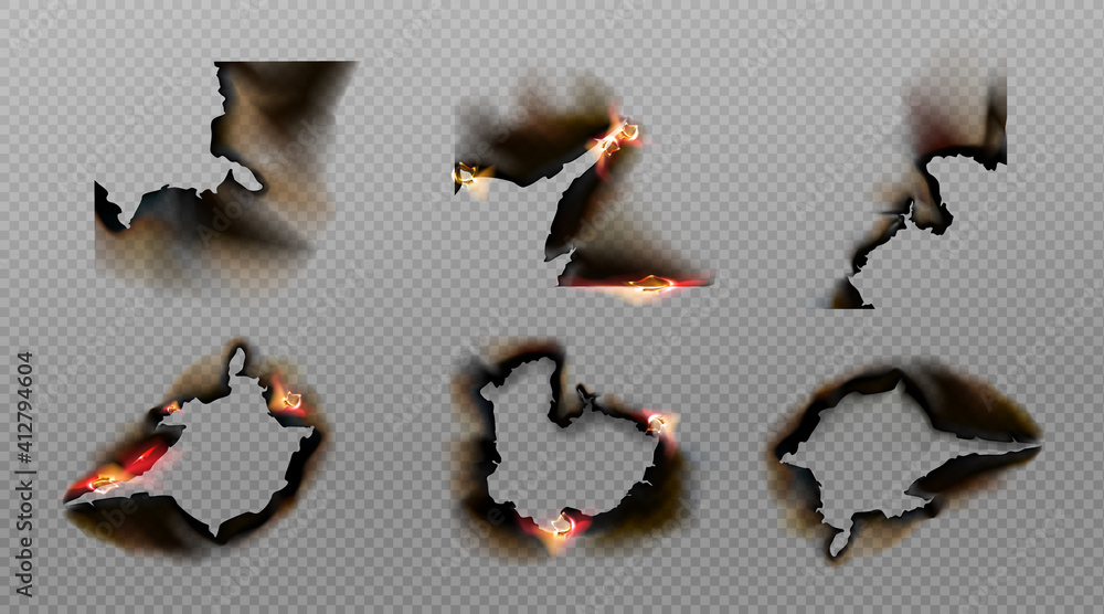 Poster burn paper corners, holes and borders, burnt page with smoldering fire on charred uneven edges, parc