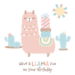 Cute llama with gift boxes, cacti, and sun illustrations on white background. Punny birthday message. © Torico