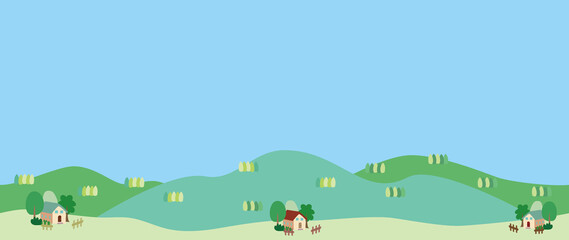 新緑の里山と家々の風景イラスト