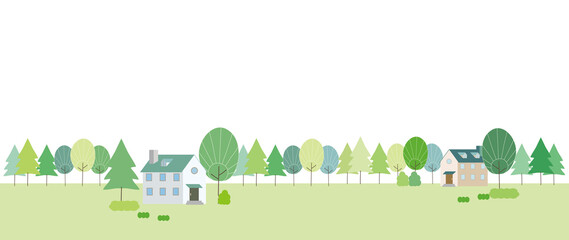 新緑の木々と集落の風景イラスト