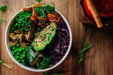 Bowl vegan salad with herbs