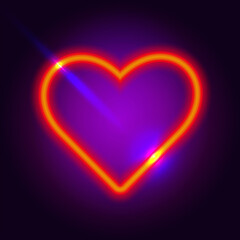 Nightclub neon heart. 3d retro light sign with bright neon effect. Techno frame with glowing on a dark red background. Electric street banner. Red vector illustration in 80s style