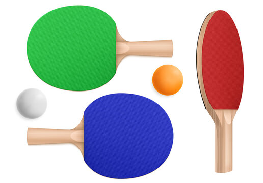 Ping Pong Rackets And Balls, Table Tennis Equipment In Top And Perspective View. Vector Realistic Set Of 3d Pingpong Balls And Sport Paddles With Wooden Handles Isolated On White Background