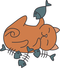 A cute cat holds a fish in its mouth. Vector illustration. A cute hungry cat or kitten is thinking about fish. Cartoon character, animal collection. Fish bone, the skeleton of a fish bone in a bubble 