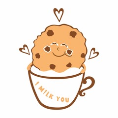 Vector illustration of a cute smiling cookie in a cup with milk. The cookies are bathed in milk. Lettering I milk you. Isolated on white background.