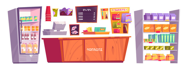 Japanese konbini shop isolated stuff and products, minimarket cashier desk, shelves with snacks or necessaries, fridge with cold drinks, convenience store for rapid consumption, Cartoon vector set