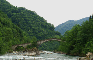 A panoramic shot of a scenery that captures a bridge between forests over the river full of stones.