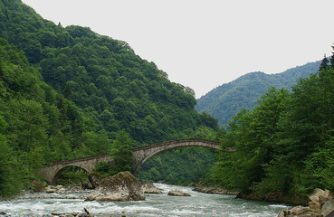 A panoramic shot of a scenery that captures a bridge between forests over the river full of stones. © photograzon
