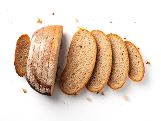 Sliced loaf of bread is isolated on white background. Bread slices and crumbs top view. Flat lay.