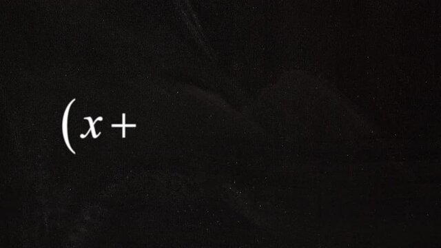 A series of complex math formulas appearing on a blackboard, white characters on a black background.
