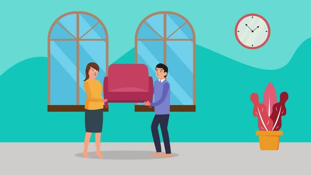 Couple moving a sofa while placing into new house