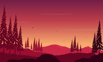 Views of mountains and trees at night on the edge of town. Vector illustration