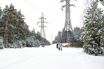 People walk along a wide forest road, near a power line. Electromagnetic radiation is harmful to...
