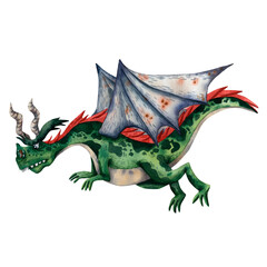 Fototapeta premium Cute illustration of viking dragon with wings. Old scandinavian myths. Green fairy tale reptile. Viking party invitation. Ancient scandinavian traditional items. Illustrations for card and print.