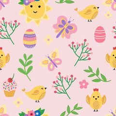 Easter spring pattern with cute birds, sun, butterflies and eggs. Hand drawn flat cartoon elements. Vector illustration.
