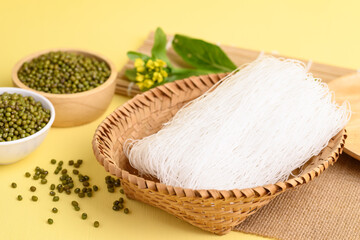 Dry glass noodles or cellophane noodles made from mung bean starch, Food ingredients in Asian food such as soup, stir fried, salad and hot pot