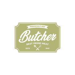 Butcher shop logo template. Cow and meat cleaver knife vector design 