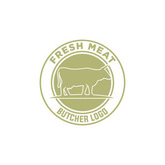 Butcher shop logo template. Cow and meat cleaver knife vector design 