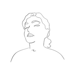 Abstract portrait of a young woman with closed eyes. Drawn with one line. Minimalistic contour silhouette. Vector illustration isolated on white background.