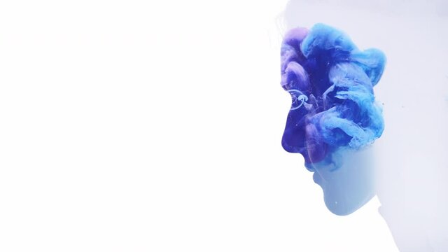 Double exposure silhouette. Energy sensing. Soul healing. Mind recreation. Blue ink smoke cloud flow animation in profile face shape of relaxed woman isolated on white copy space background.