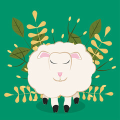 white sheep with closed leaves on the background, an illustration on the theme of animals on a farm and for a Muslim holiday called eid al-Adha
