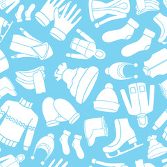 Winter clothing - Vector background (seamless pattern) of silhouettes scarf, cap, jacket, sweater, coat, mitten, and other clothes for graphic design