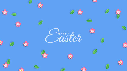 Happy Easter banner. Holiday concept design for greeting cards, banners, posters, flyers, web. Happy Easter calligraphy lettering text, floral blue background. Paper cut out art style, vector illustra