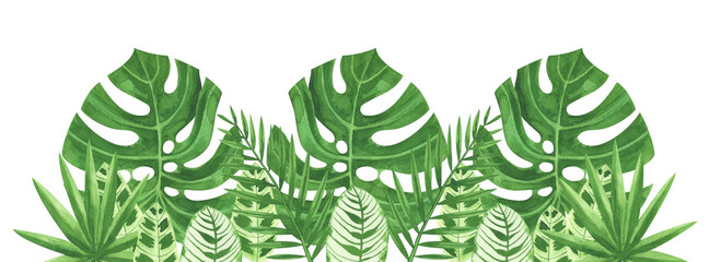 Watercolor border with tropical leaves. Product design, web design.