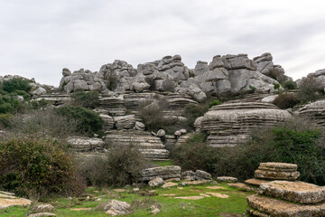 view of the El Torcal Nature Reserve in Andalusia with ist strange karst rock formations