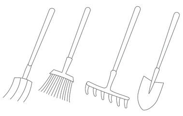 A set of tools for the garden and vegetable garden: shovel, rake, pitchfork, broom. Simple outline vector graphics. Can be used for coloring pages, feature articles, and infographics 