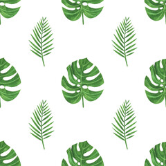 Fototapeta na wymiar Watercolor seamless pattern with tropical leaves. Product design, fabrics, wallpaper, postcards, wrapping paper, scrapbooking.