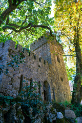 View of the tower in the park of Quinta da Regaleira. Principal tourist attraction of Sintra, Portugal