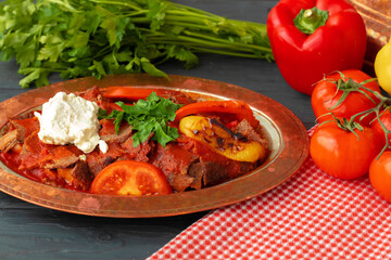 Turkish Meat Saute with vegetables in copper plate