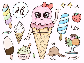 Cute ice cream character set cartoon drawing illustration cartoon for kids collection set