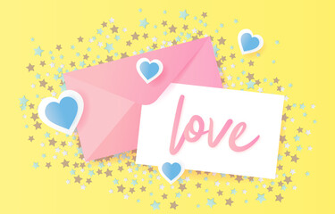 Paper art of Love and Valentine's day, with the paper heart in an Envelope. paper art collage style.