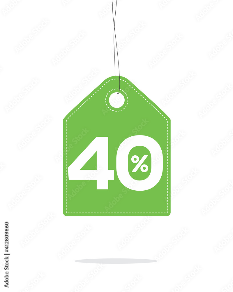 Sticker Vector green hanging price tag label designed with 40% text and stitches on it and with shadow isolated on white background. For spring summer sale campaign.