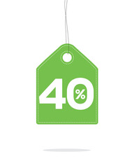 Vector green hanging price tag label designed with 40% text and stitches on it and with shadow isolated on white background. For spring summer sale campaign.