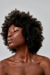 Portrait of african american female model with afro hair and perfect smooth glowing skin looking...