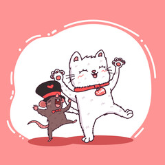 Cute happy cat and mouse character.