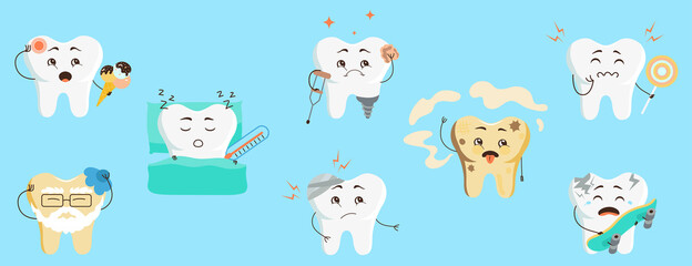 Cute tooth characters in flat style. Set of cartoon sick teeth with caries, pain from sweets, hypersensitivity. Vector illustration for children in dentistry.