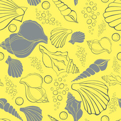 Modern flat outline sea shells, bubbles seamless pattern for fabric, textile, apparel, interior, stationery, wrapping paper, scrapbooking. Trendy marine endless texture. Exotic ocean shells contours