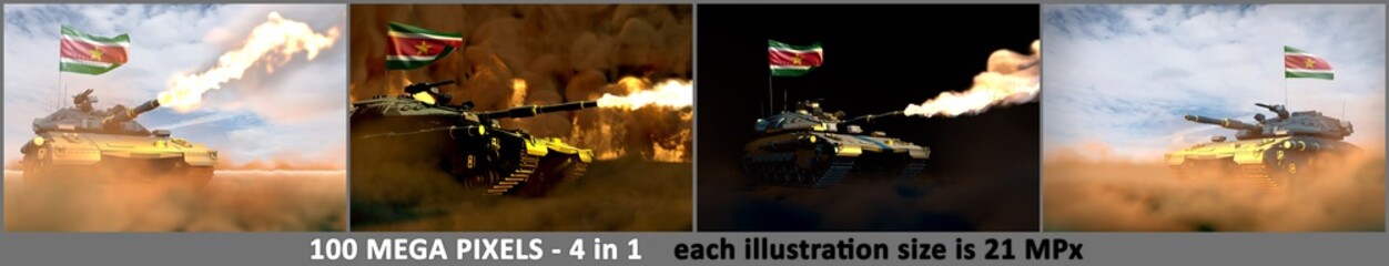 Fototapeta na wymiar 4 detailed illustrations of heavy tank with not real design and with Suriname flag - Suriname army concept, military 3D Illustration