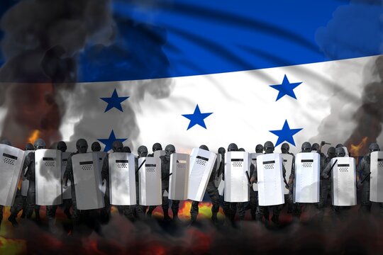 Honduras protest stopping concept, police squad in heavy smoke and fire protecting order against riot - military 3D Illustration on flag background